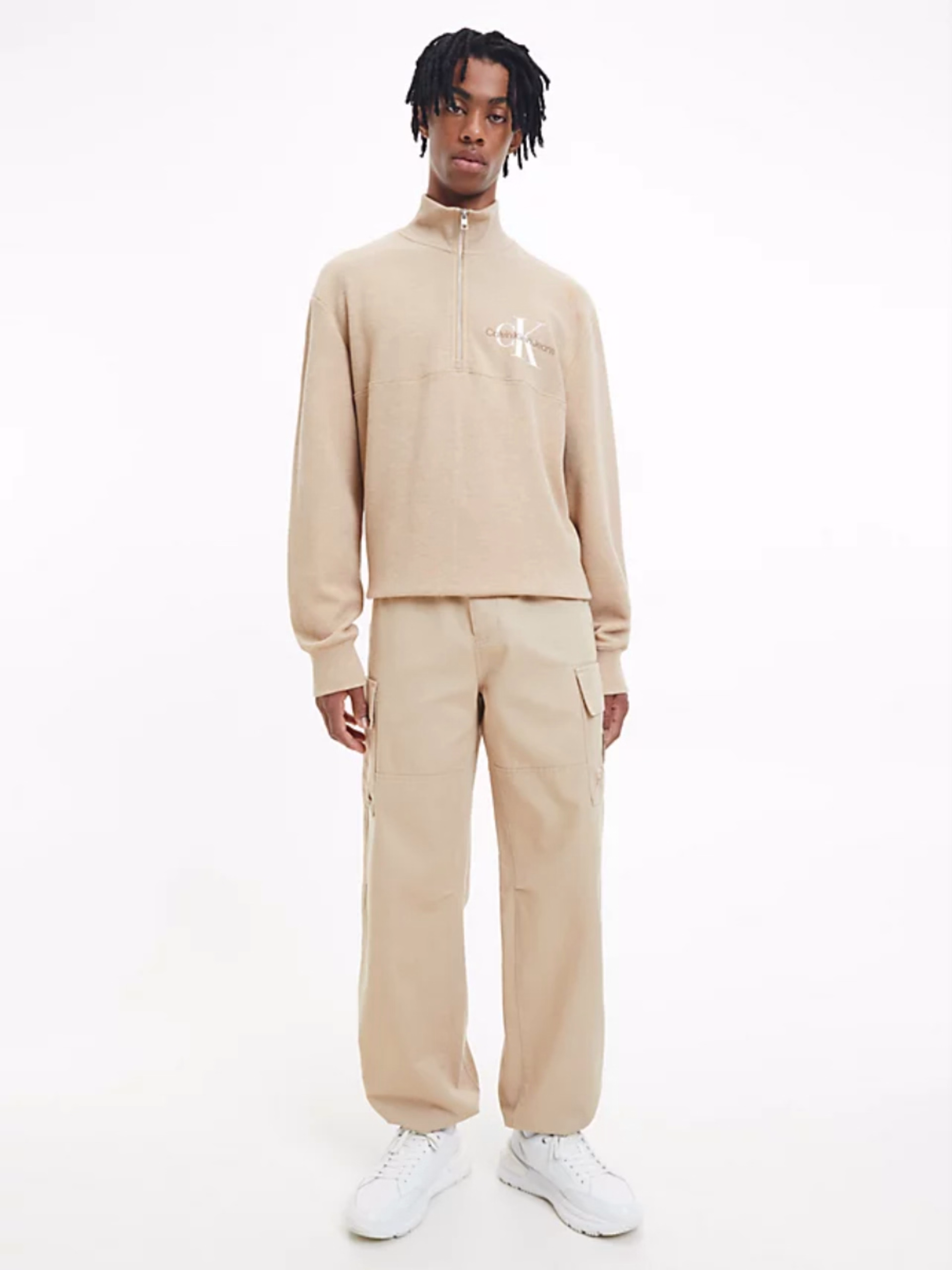 Calvin Klein pánská béžová mikina WAFFLE HALF ZIP